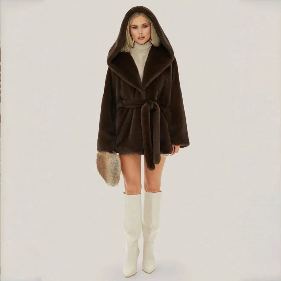 Manteau Doux à Capuche Effet Fourrure Marron pour Femme