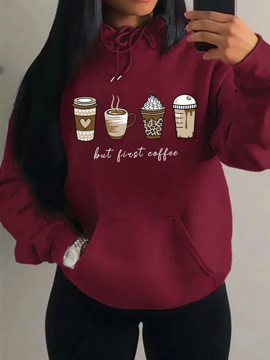 Hættetrøje til kvinder med kaffekopmotiv og teksten "But First Coffee"