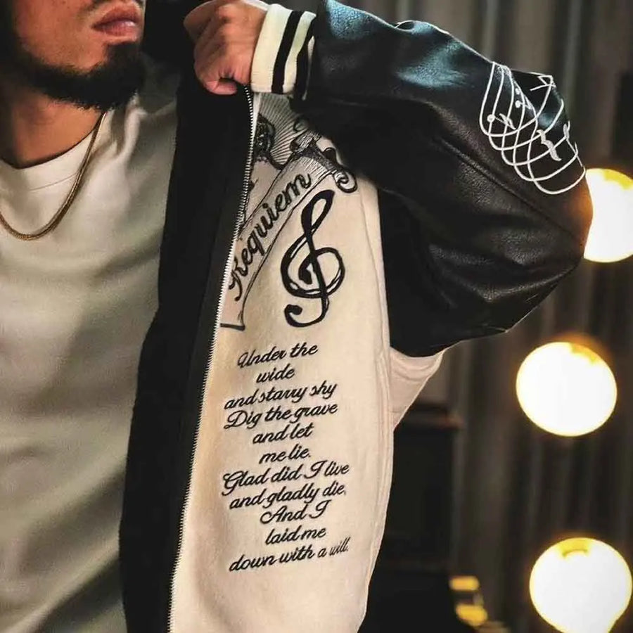 Men's two-tone bomber jacket with assorted prints and contrasting sleeves