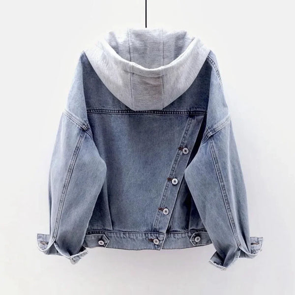 Giacca di jeans da donna grigia effetto délavé con cappuccio integrato