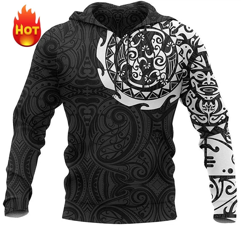 Printed tribal hoodie with sea turtle or manta ray motif, relaxed fit