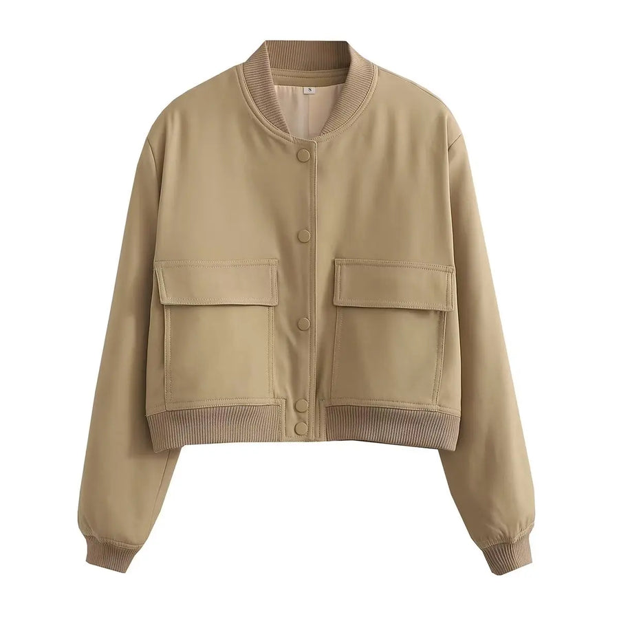 Kurze Damen-Bomberjacke mit Knopfleiste, Baseballkragen und aufgesetzten Taschen