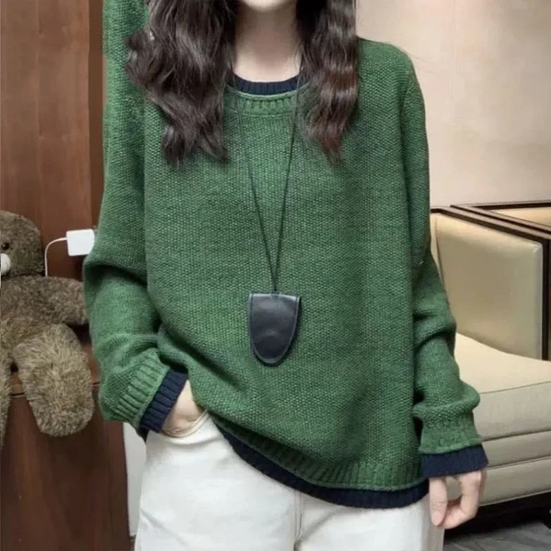 Jersey informal de punto bicolor con cuello redondo para mujer