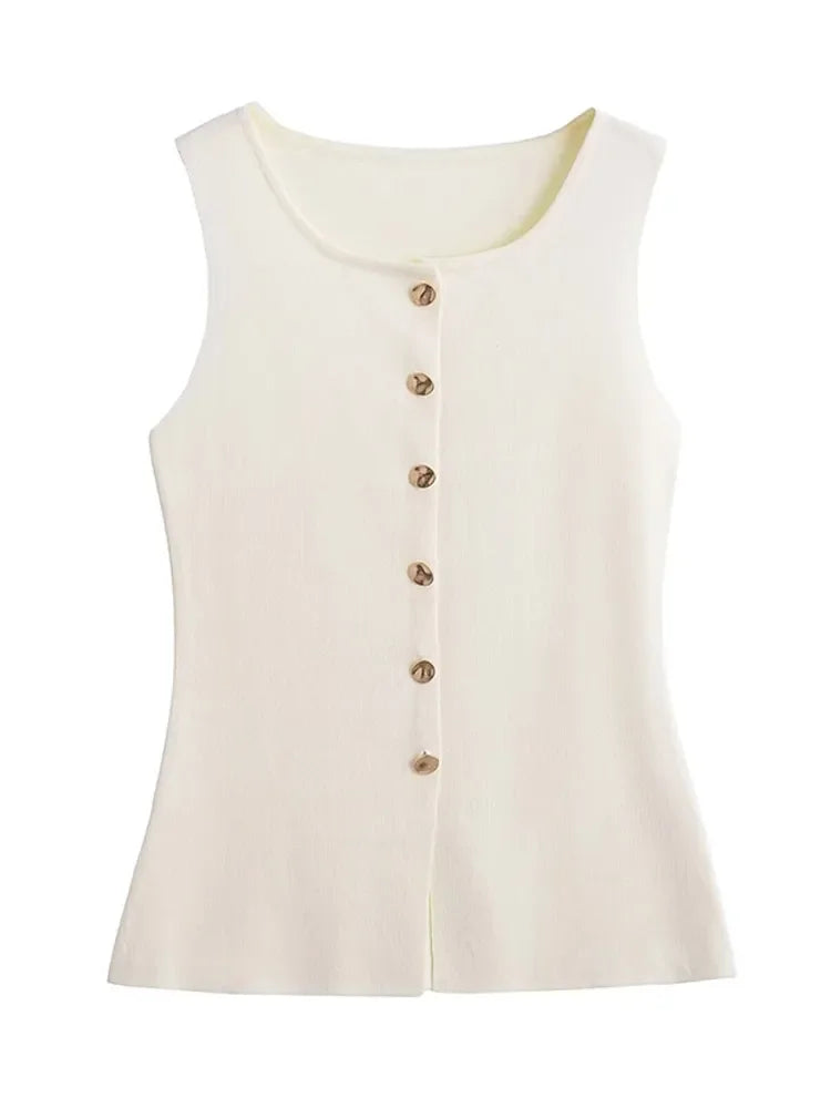 Women's sleeveless crew-neck top with decorative buttons