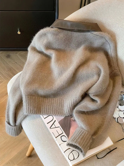 Chaqueta corta con cremallera y cuello contrastante para mujer – Estilo casual chic