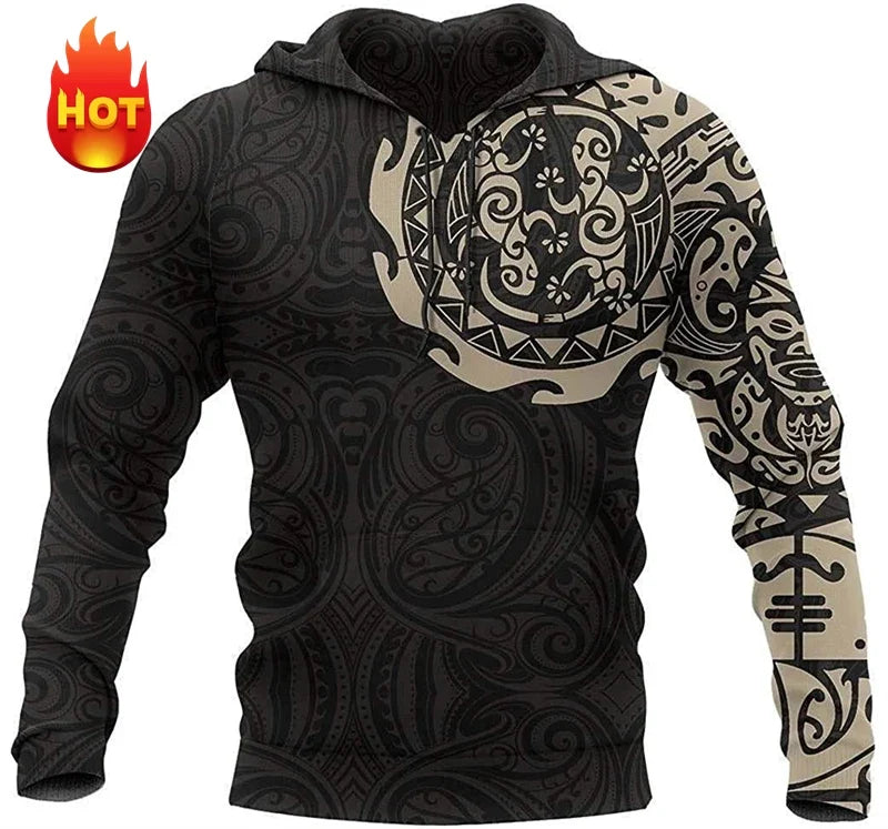 Printed tribal hoodie with sea turtle or manta ray motif, relaxed fit