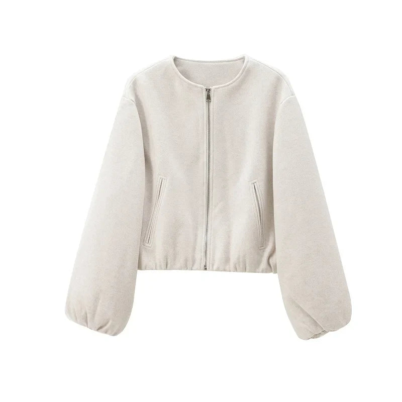 Chaqueta corta informal lisa para mujer, con cuello redondo, cremallera y mangas abullonadas, estilo bomber