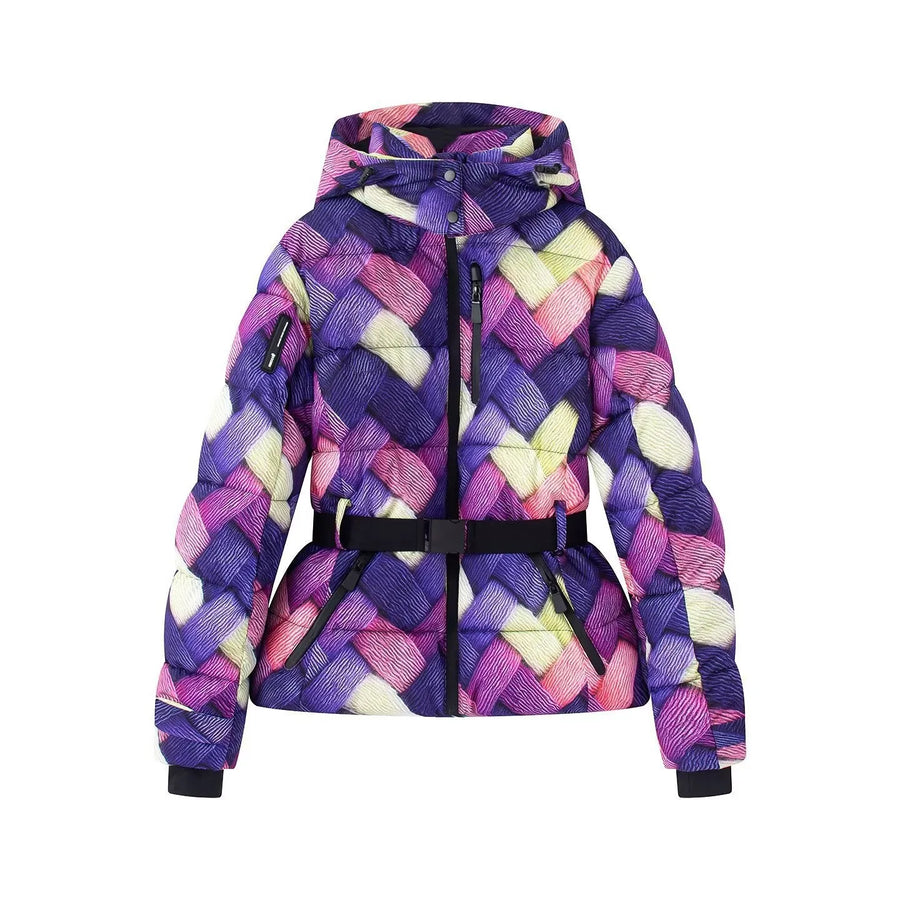 Women's quilted puffer jacket with a removable hood and gold elastic belt