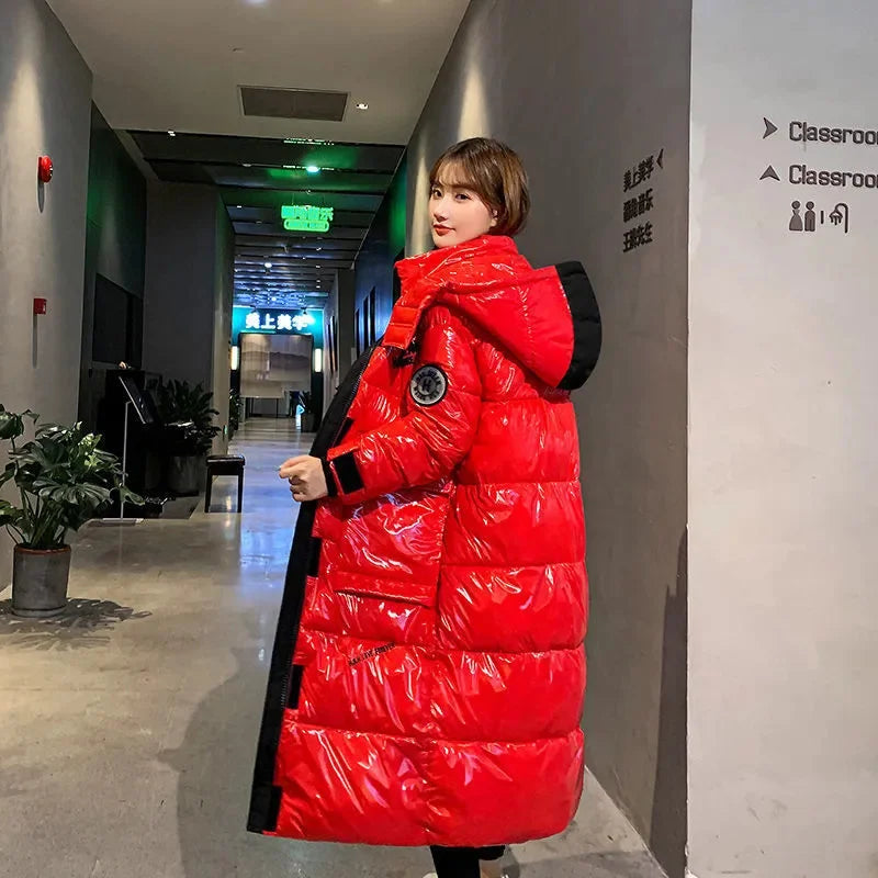 Doudoune longue brillante à capuche pour femme, coloris varié