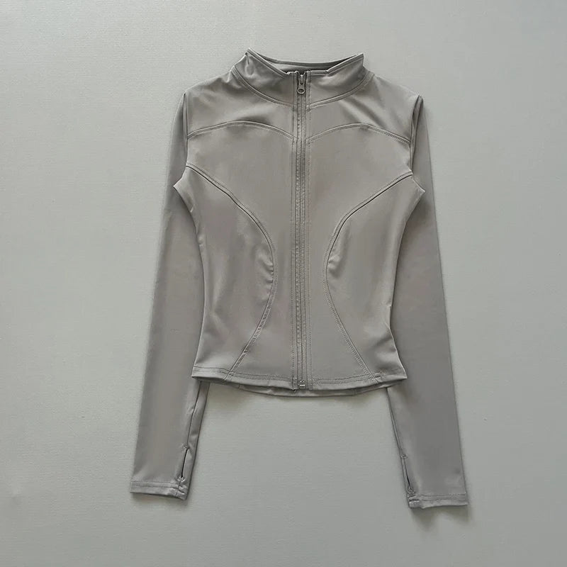 Chaqueta deportiva con cremallera para mujer, cuello alto, mangas largas y orificios para los pulgares, para entrenar