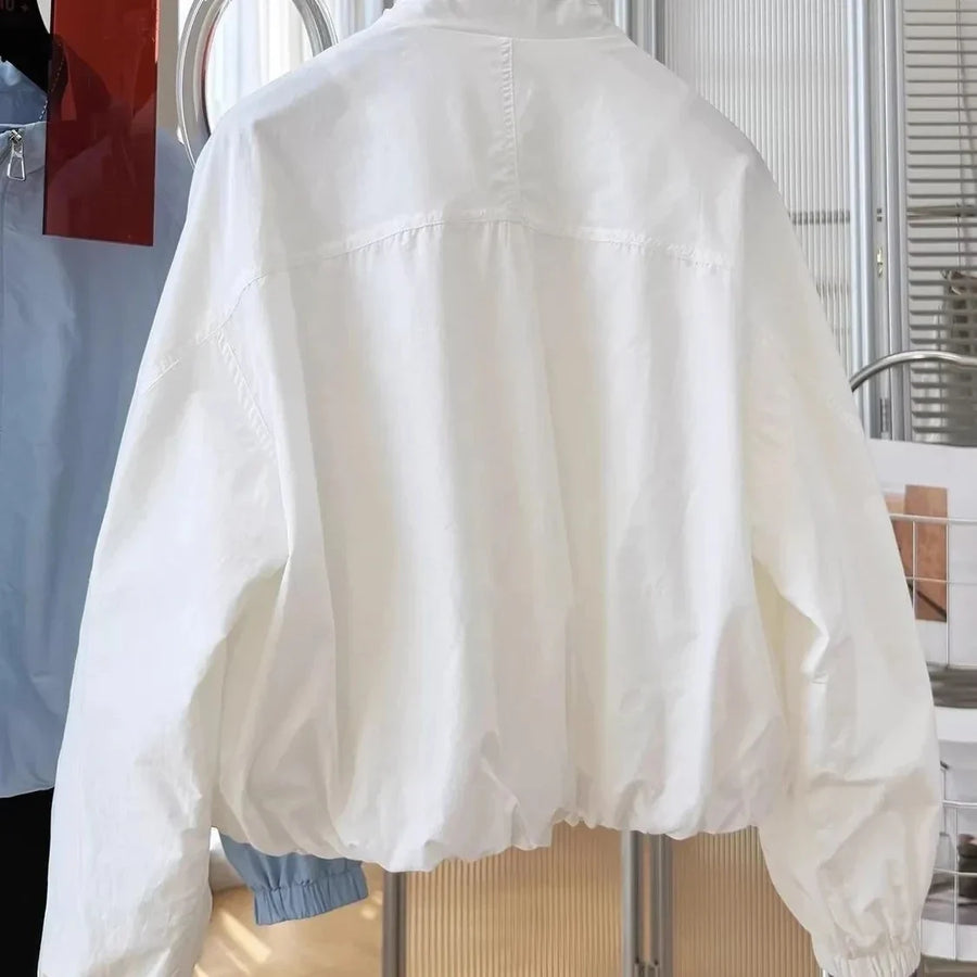 Chaqueta cortavientos ligera para mujer, cuello alto y cierre de cremallera, azul claro o blanca