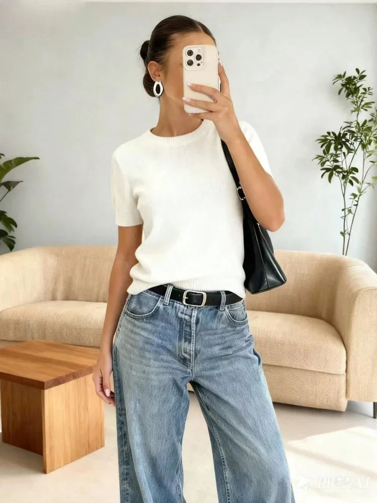 Women's solid-color short-sleeve crew-neck knitted T-shirt