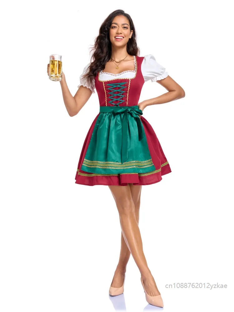 Traditionel kort rød og grøn dirndl-kjole til kvinder med korte ærmer