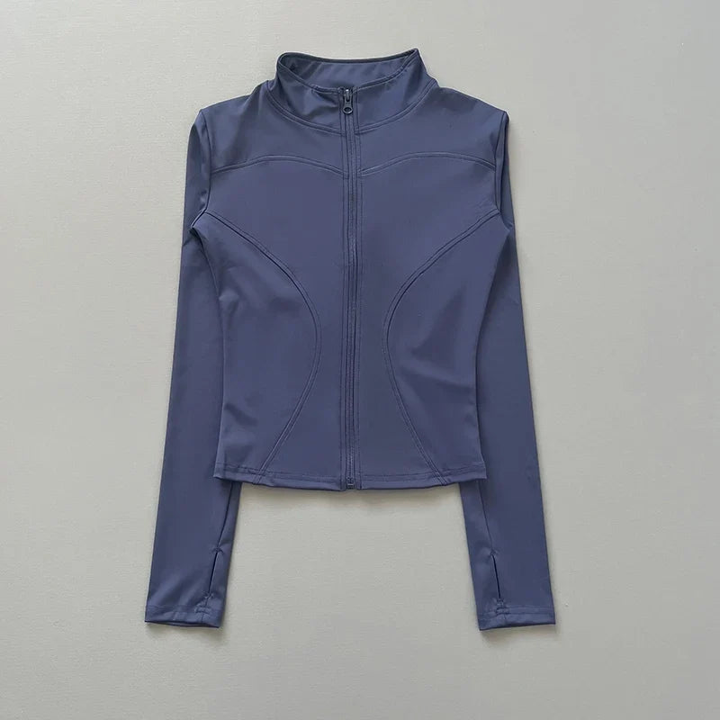 Chaqueta deportiva con cremallera para mujer, cuello alto, mangas largas y orificios para los pulgares, para entrenar