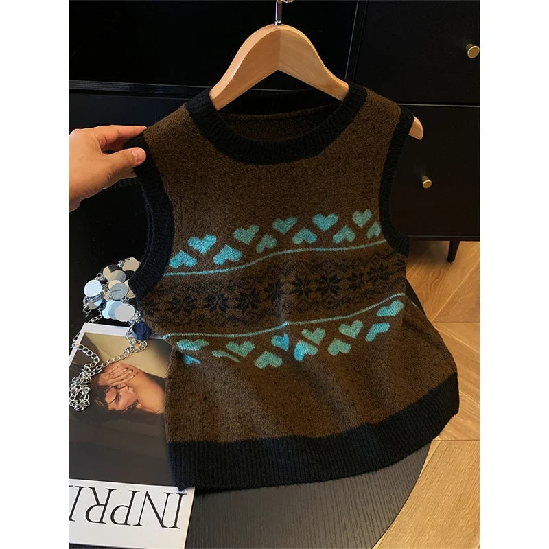 Gilet sans manches tricoté motif cœurs et flocons pour femme