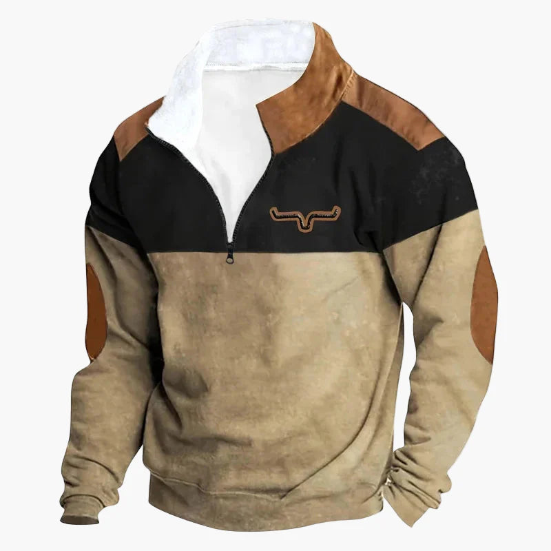Sweat-shirt polaire homme style western à col zippé – Motifs ethniques et bisons