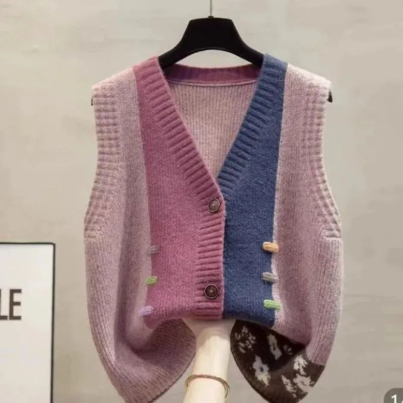 Gilet da donna in maglia senza maniche, multicolore, con scollo a V e bottoni decorativi