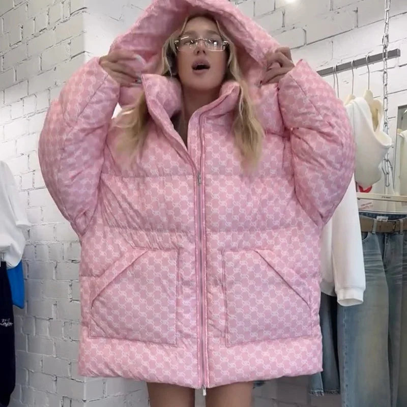 Oversized vatteret dunjakke til kvinder med hætte og print