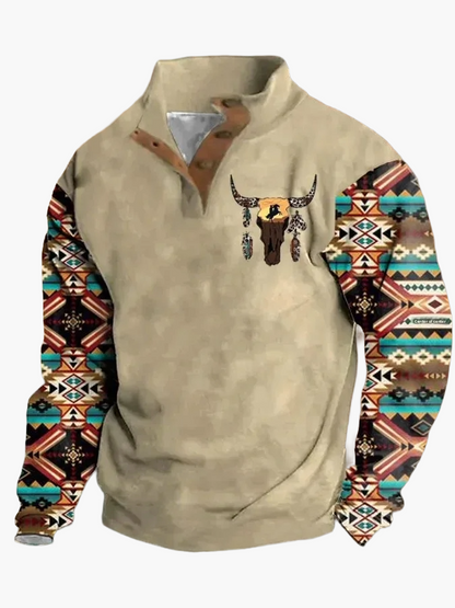 Maglione Uomo Stile Western Vintage con Stampa Etnica e Collo Alto – Casual e alla Moda