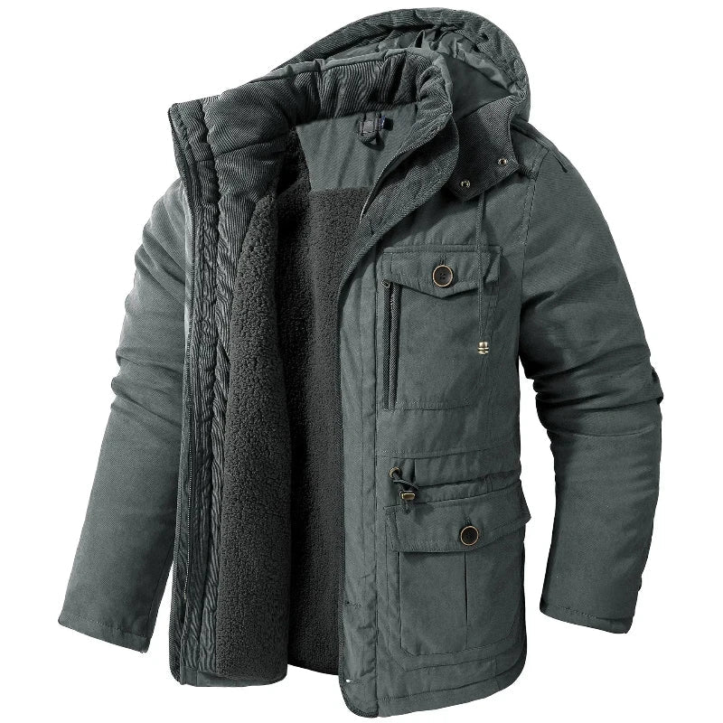Vadderad herrparka med huva, mjukt foder i beige och khaki samt flera fickor