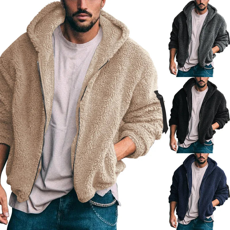 Men's hooded jacket in soft sheepskin-effect fabric, zippered, multiple colors
