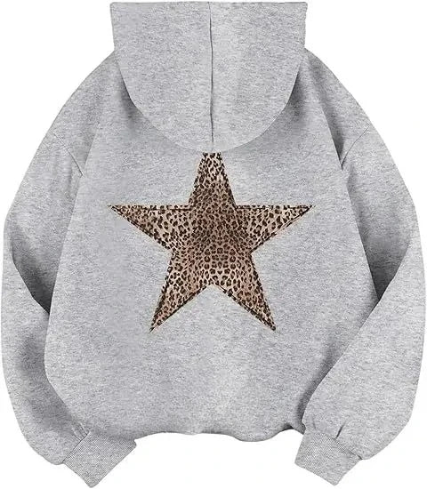 Sudadera holgada de mujer con capucha y motivo de estrella de leopardo en la espalda, varios colores disponibles