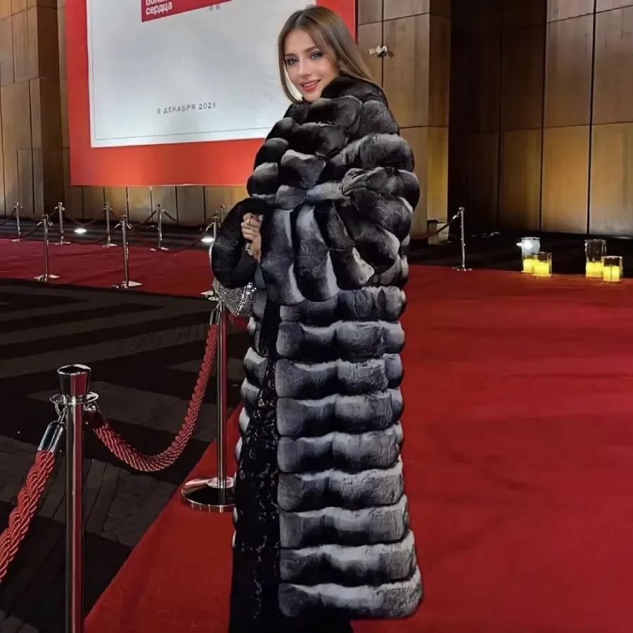 Thick, warm black-and-white striped faux-fur long coat for women