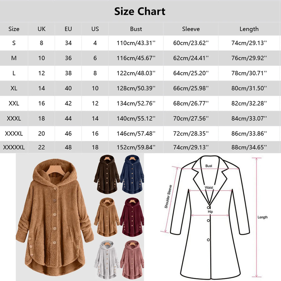 Manteau à Capuche Doux Femme, Boutons et Ourlet Asymétrique, Plusieurs Couleurs