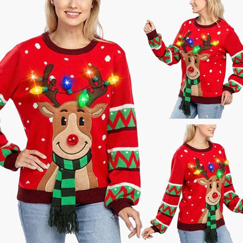 Pull de Noël Femme avec Renne Lumineux, Style Festif pour Fêtes et Hiver