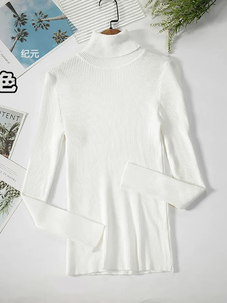 Damen-Rollkragenpullover aus Rippstrick mit langen Ärmeln, einfarbig
