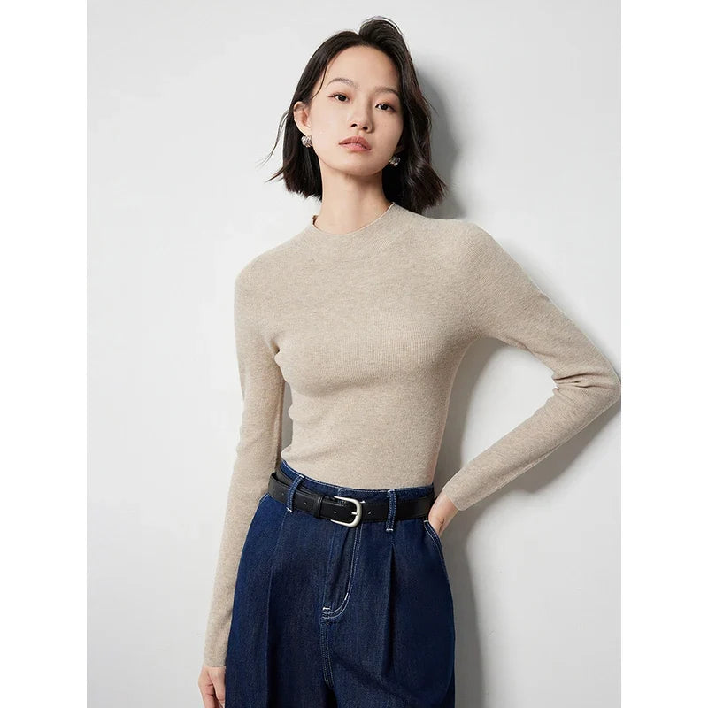 Pull fin femme manches longues col montant côtelé décontracté