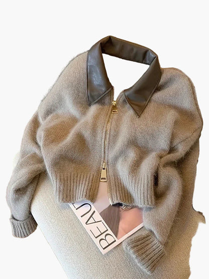 Chaqueta corta con cremallera y cuello contrastante para mujer – Estilo casual chic