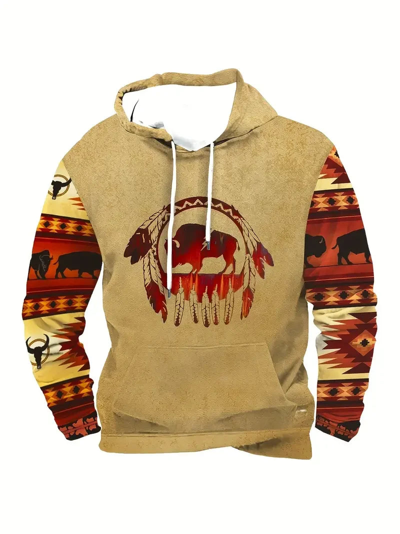 Sweat à Capuche Homme Motif Crâne de Taureau Tribal Vert Kaki