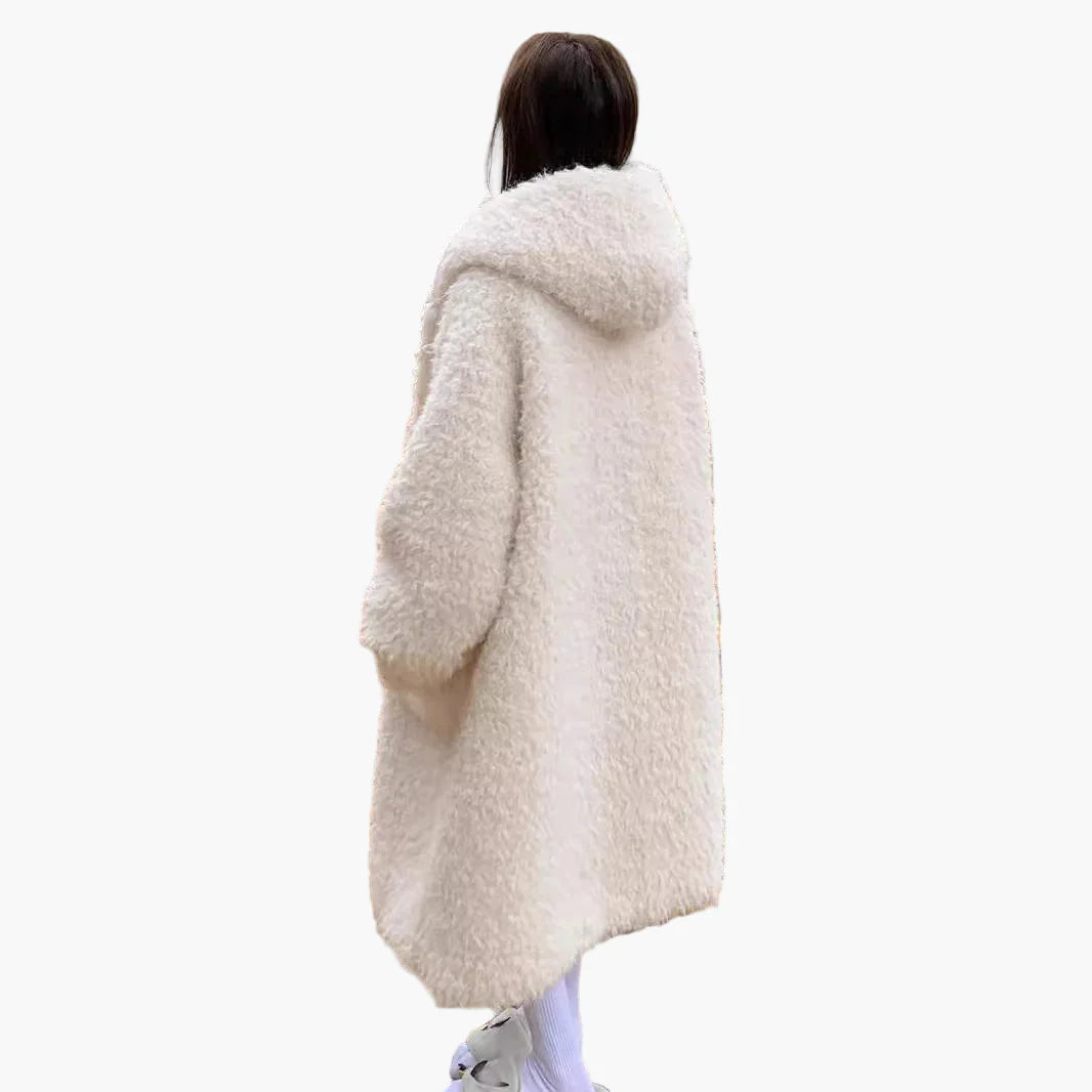 Manteau long d'hiver femme style surdimensionné à capuche, look peluche élégant