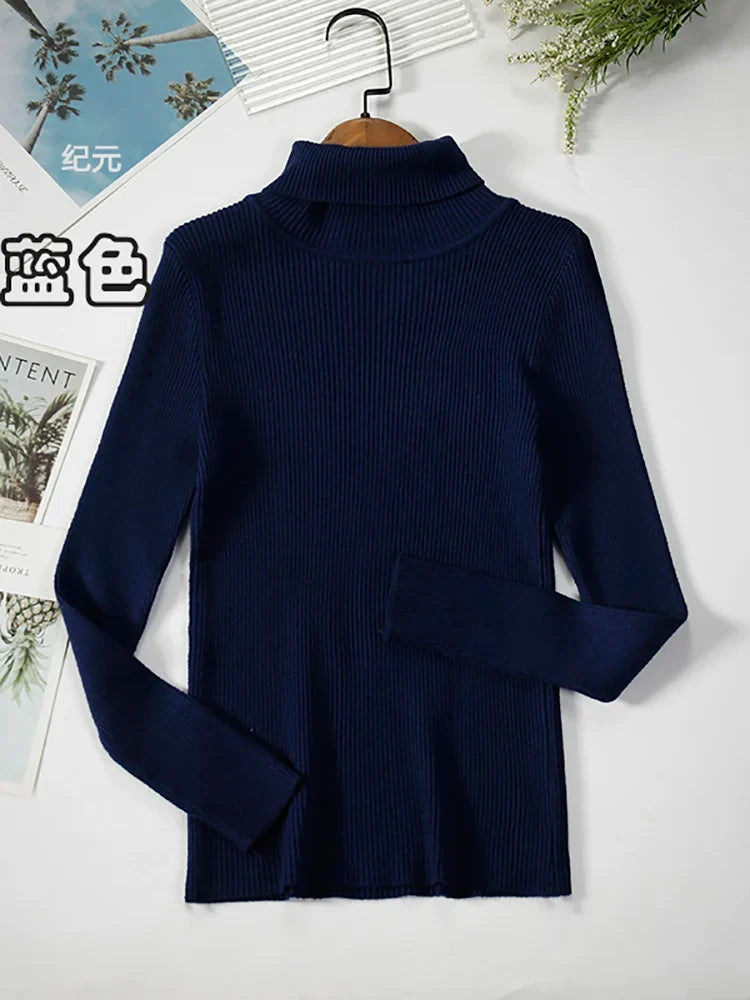Damen-Rollkragenpullover aus Rippstrick mit langen Ärmeln, einfarbig
