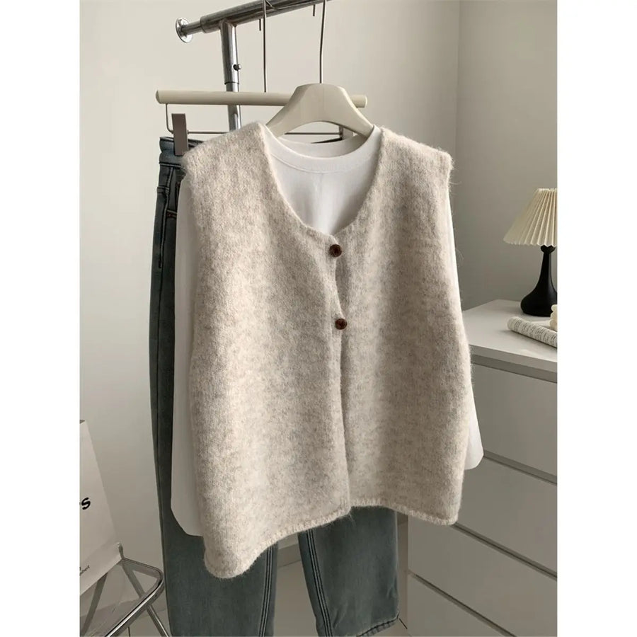 Gilet sans manches en maille col V pour femme, boutons décoratifs