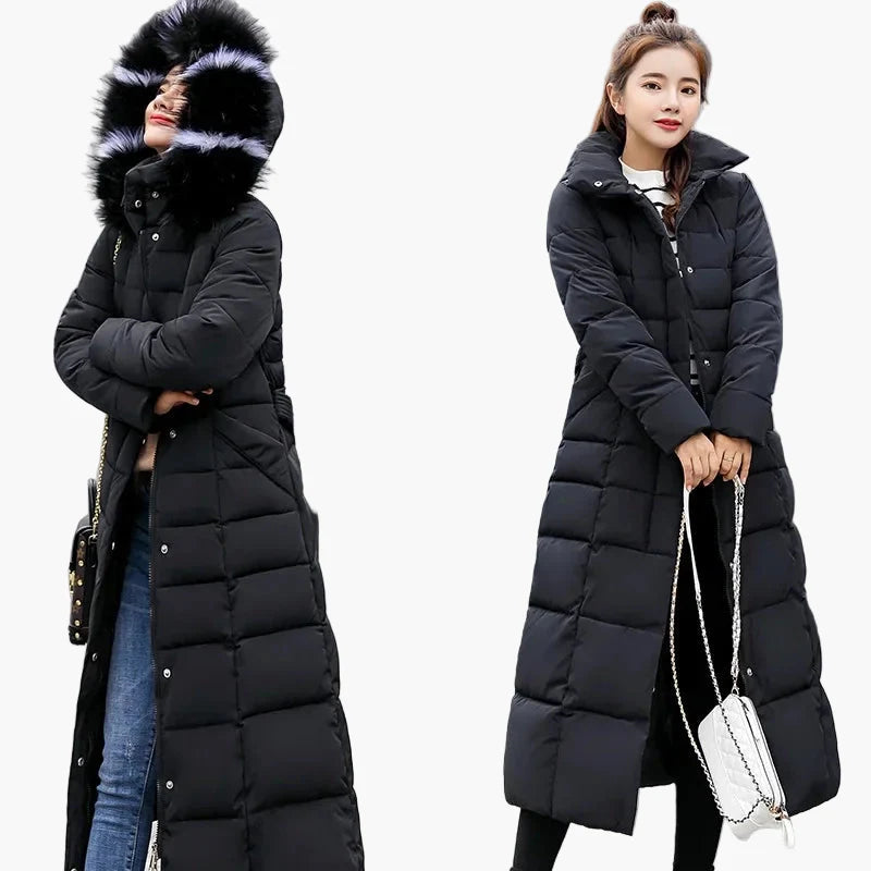 Lang dunjakke til kvinder i koreansk stil med hætte og pelskrave – Elegant og varm vinter