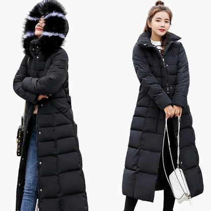 Lang dunjakke til kvinder i koreansk stil med hætte og pelskrave – Elegant og varm vinter
