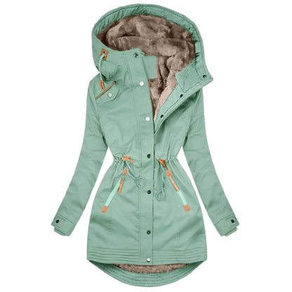 Chaqueta impermeable para mujer con capucha estilo trench, forro cálido, corte largo de moda, abrigo cortavientos urbano