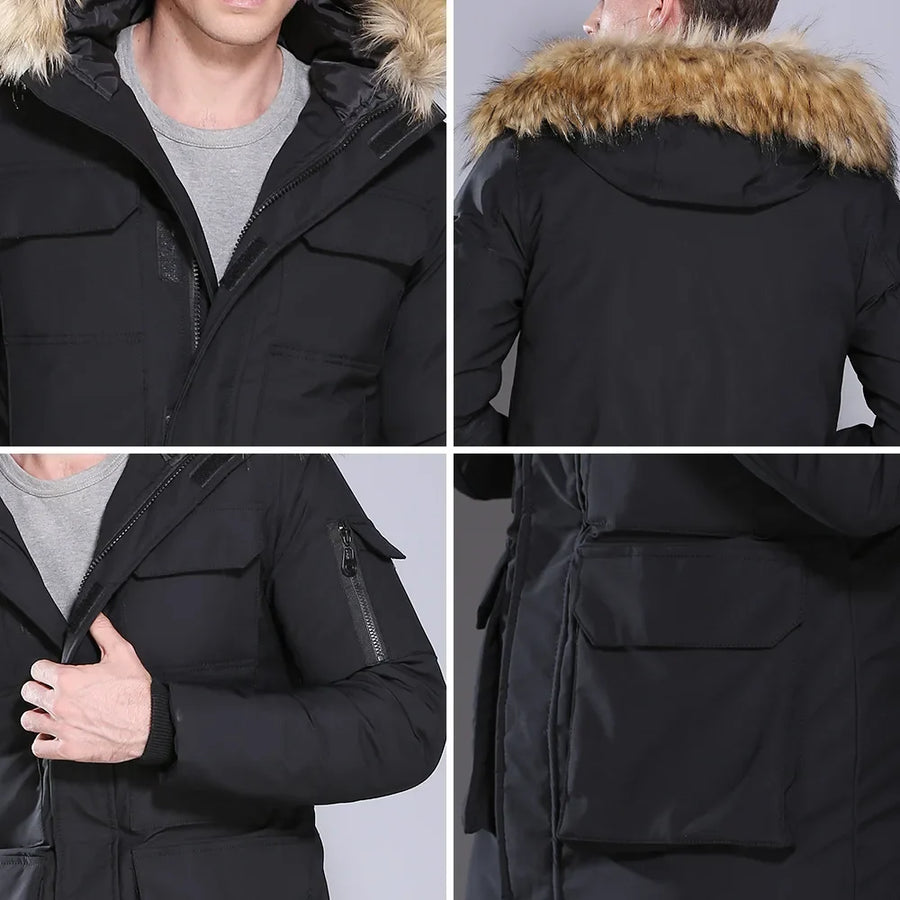 Parka Homme Noire Capuche Bordée Fourrure Synthétique Matelassée