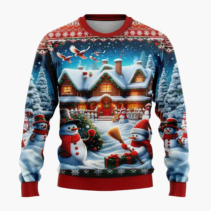 Unisex jultröja med fantasimotiv – Festlig scen med jultomte och snögubbe, perfekt för fester och presenter