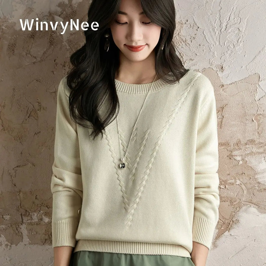 Pull femme en maille légère à col rond et motif en V texturé, manches longues
