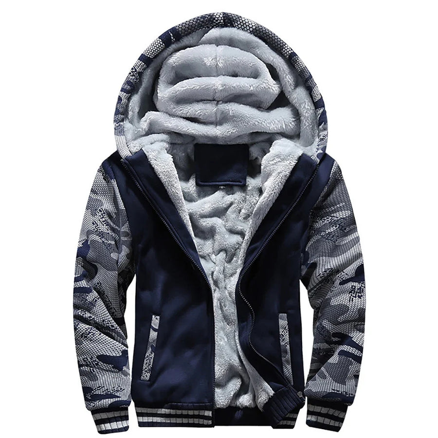 Giacca da uomo con cappuccio foderata in pile, vestibilità casual, chiusura con zip, multicolore