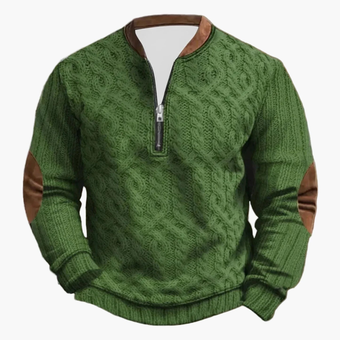 Casual herrsweatshirt med halv dragkedja i outdoor-stil med dekorativa armbågslappar