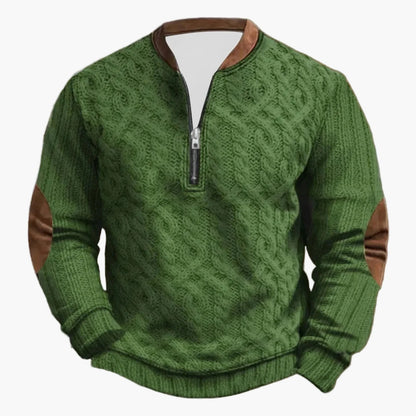 Casual herrsweatshirt med halv dragkedja i outdoor-stil med dekorativa armbågslappar