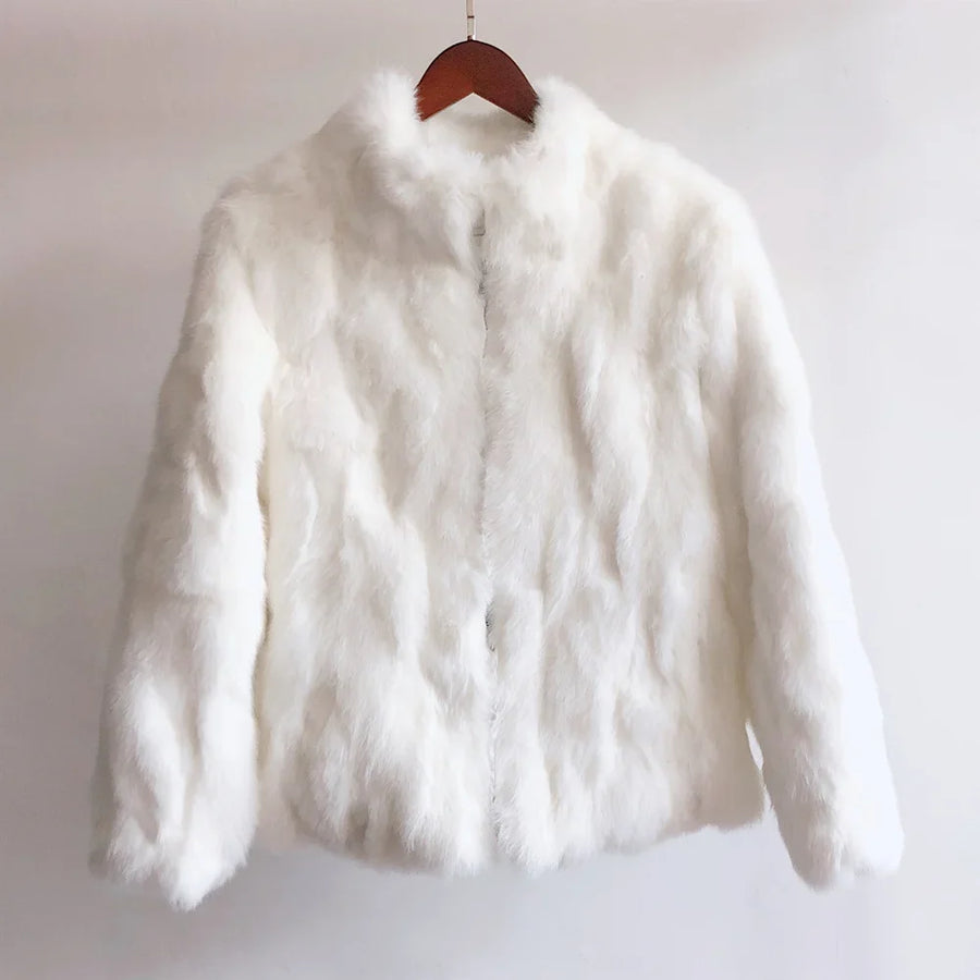 Veste courte femme en fourrure synthétique élégante, col montant, manches longues