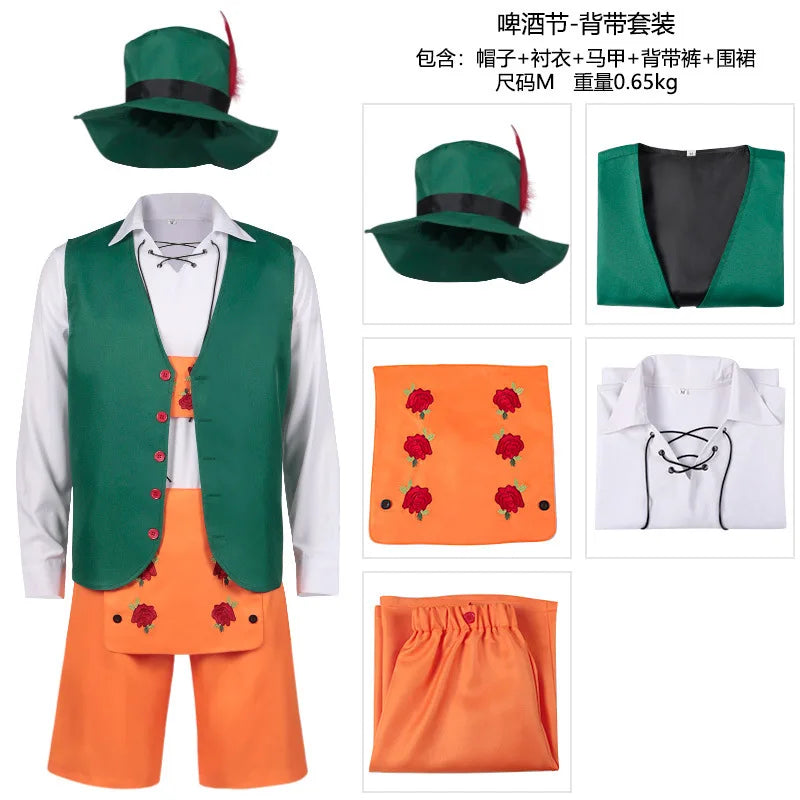 Oktoberfest-kostume til mænd i grøn og orange med hat og snøret skjorte