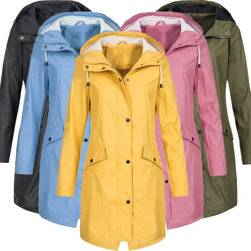 Imperméable long femme à capuche vert kaki avec poches et boutons-pression