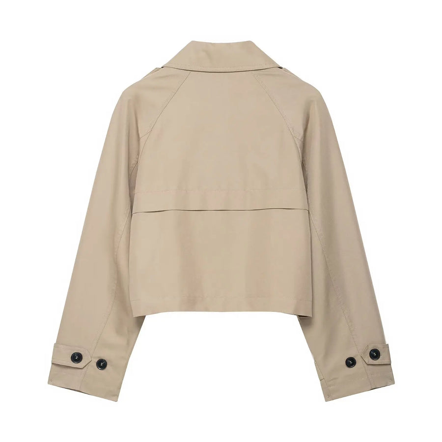 Kort trenchcoat til dame med dobbeltspent lukking og lange ermer, beige eller brun