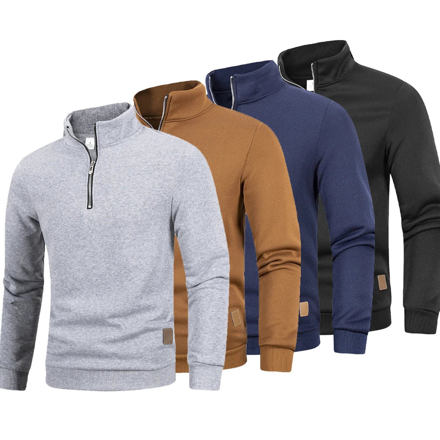 Men's Zip-Up Stand-Up Collar Long-Sleeve Sweater – Thick Solid-Color Knit